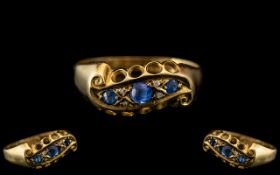 Antique Period - Attractive and Petite 18ct Gold Sapphire and DIamond Set Ladies Ring, Fancy Shank.