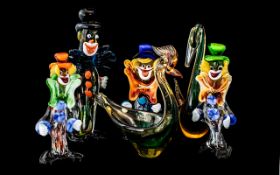 Four Murano Glass Clowns, tallest 11", together with two glass bird ornaments, approx 10" tall.