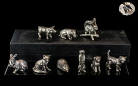 Collection of 9 Solid Silver Cast Animal Figures. All Sculptured to a Lovely Detail, Includes