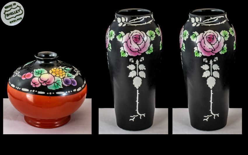 Shelley - Fine Pair of 1920's Small Tapered Vases, Decorated with Painted Styalished Roses / Stems