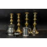 Mixed Collection of Metalware, to include two pairs of brass candlesticks, both with pushers,