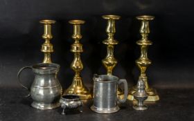 Mixed Collection of Metalware, to include two pairs of brass candlesticks, both with pushers,