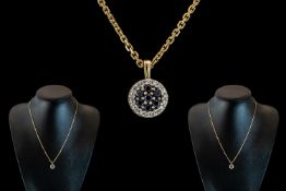 Ladies Attractive 9ct Gold Pendant Set with Diamonds & Sapphires of Circular Form - with Attached