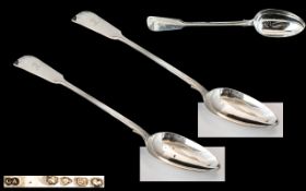 Victorian Period Pair of Large Sterling Silver Basting Spoons of fiddle back pattern Hallmark