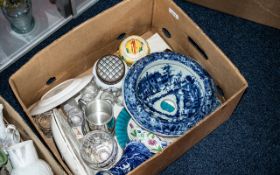 Box of Assorted Pottery & Glass, including pottery rose bowl, cabinet plates, preserve pot, vases,