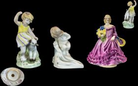 Royal Worcester - Fine Trio of Small Hand Painted Figures. Comprises 1/ Months of the Year ' April '