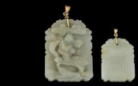 Chinese White Jade Pendant - Well Carved and Superior Quality 19th Century Large Carved Jade
