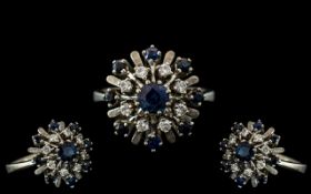 Ladies 14ct White Gold Attractive Diamond and Sapphire Cluster Ring, Flower head Setting. c.1970's.