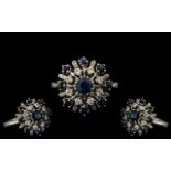 Ladies 14ct White Gold Attractive Diamond and Sapphire Cluster Ring, Flower head Setting. c.1970's.