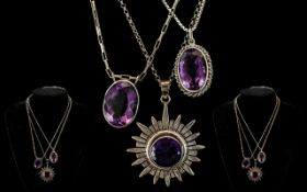 A Fine Trio of Good Quality 1950's Sterling Silver Amethyst Set Pendants - All Various Designs,