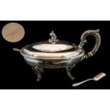 Silver Oval Hinged Sauce Bowl, raised on four feet, with hinged lid, spoon,