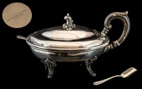 Silver Oval Hinged Sauce Bowl, raised on four feet, with hinged lid, spoon,