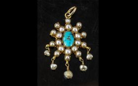 15ct Gold Antique Pendant, Set With A Central Turquoise Surrounded By Seed Pearls, Unmarked Tests