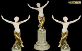 Art Deco Period - French Stunning Carved Ivory and Bronze Figure, Depicts a Semi-Nude Female Dancer.