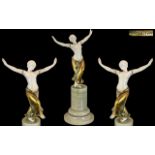 Art Deco Period - French Stunning Carved Ivory and Bronze Figure, Depicts a Semi-Nude Female Dancer.