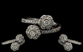 Ladies - Superb Quality and Attractive 18ct White Gold Diamond Set Crossover Cluster Dress Ring.