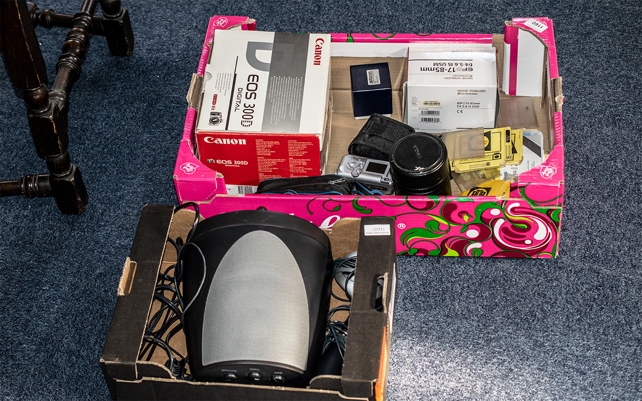 Photography Interest - Box of Modern Camera Equipment, including Canon EOS 300 Digital, boxed,