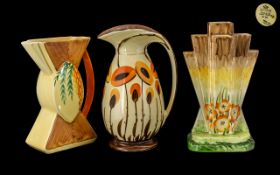 Myott and Sons Three Art Deco Vases to include a pyramid vase pattern 8669, plus two others.