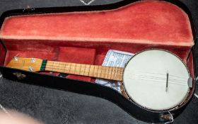 Maxitone Ukulele Banjo closed backed, in fitted case. Overall length 21''