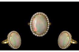 Ladies 14ct Gold - Large and Impressive Opal and Diamond and Mossinite Set Ring, Marked 585 to