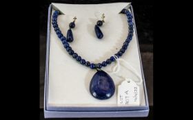 Lapis Lazuli Necklace & Earring Set, comprising a round bead necklace with a drop pendant,