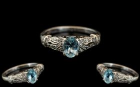 Ladies 9ct Gold Attractive Diamond & Aquamarine Set Dress Ring, pleasing design setting.