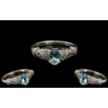 Ladies 9ct Gold Attractive Diamond & Aquamarine Set Dress Ring, pleasing design setting.