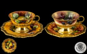 Caverswall Excellent Pair of Signed and Hand Painted Large Tea cups and Saucers with fallen fruit