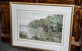 Watercolour River Landscape by Thomas Henry Hunn, to include river landscape showing swans,