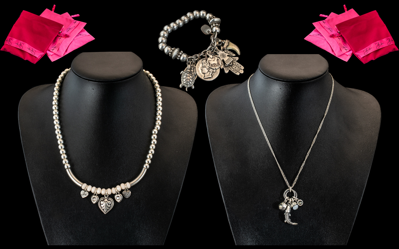 Three Bibi Bijoux Items, comprising a silver and bead necklace with heart charms,