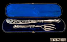 Victorian Period 1837 - 1901 Superb Pair of Large Boxed Sterling Silver Fish Servers.