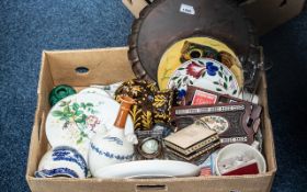 Box of Assorted Pottery & Glass, including cabinet plates, china butterfly decorated cake plate,