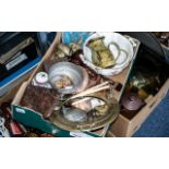 Box of Assorted Pottery & Glass, including port hole shaped mirror, large soup bowl and ladle,