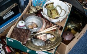 Box of Assorted Pottery & Glass, including port hole shaped mirror, large soup bowl and ladle,