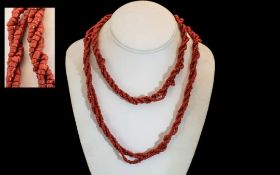 Mid Century Coral Necklace. Very Long Coral Necklace of Natural Form, Lovely Colour and Design.
