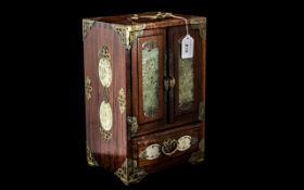 Oriental Wooden Jewellery Chest, decorated with jadeite, with brass decoration, two front doors,