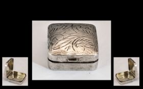 Silver Pill Box with Floral Design. Lovely Pretty Pill Box with Floral Design. Marked for Silver.
