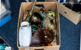Box of Assorted Pottery & Glass, including vases, fruit bowls, large amber glass candle holder,