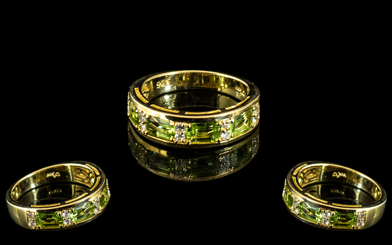 Peridot Band Ring, octagon cut, spring green peridots, stylishly interspaced with pairs of natural
