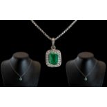 14ct White Gold - Attractive Emerald and Diamond Set Pendant,