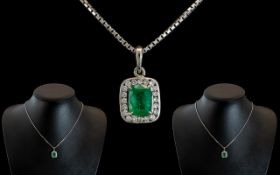 14ct White Gold - Attractive Emerald and Diamond Set Pendant,