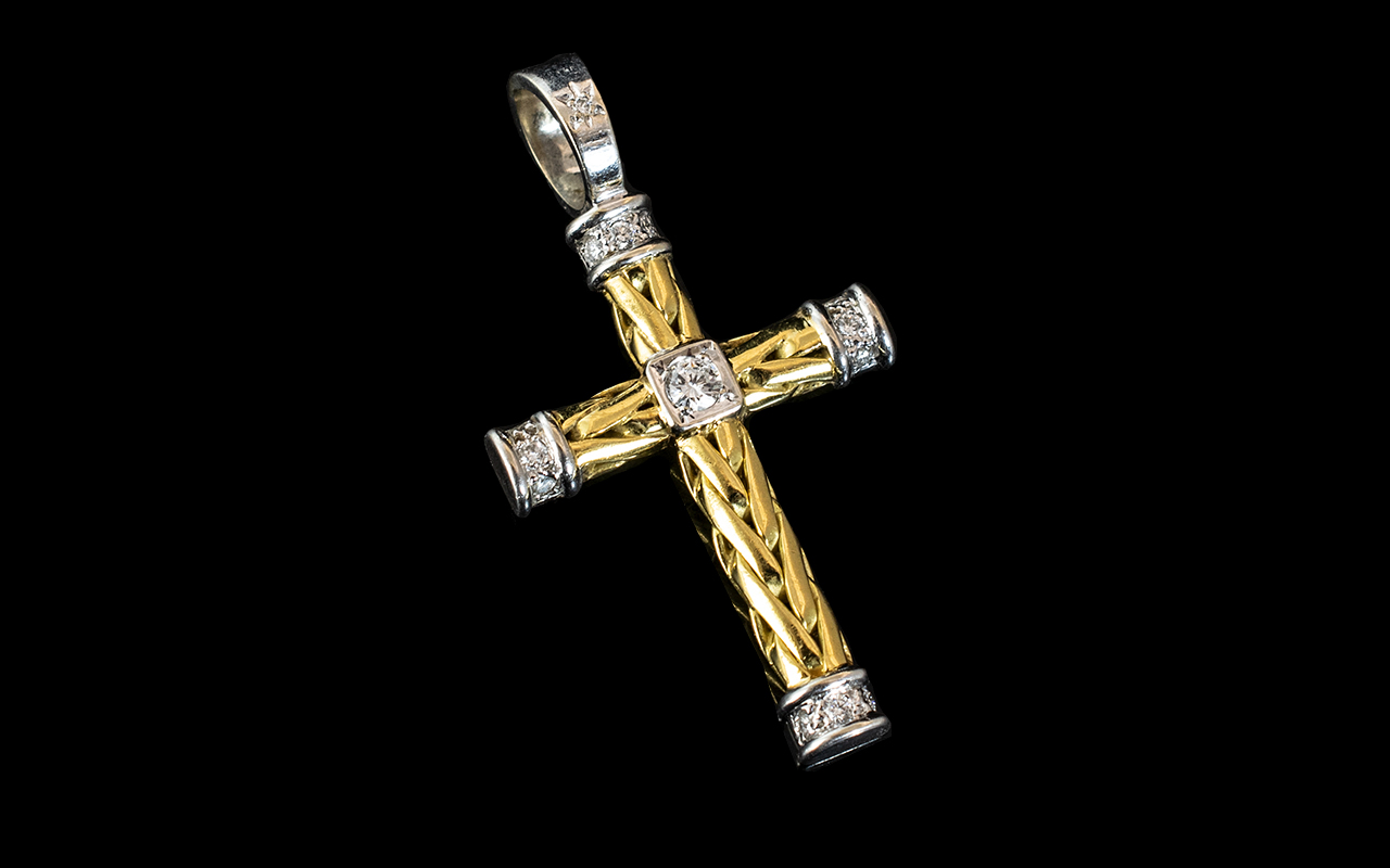18ct Gold Diamond Set Cross, with white gold diamond set terminals,
