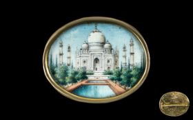 Indian Late 19th Century Architectural Miniature Handpainted Brooch, of oval form, on ivory,