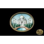 Indian Late 19th Century Architectural Miniature Handpainted Brooch, of oval form, on ivory,