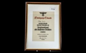 Military Interest - Framed German Military Certificate, Beteiligung Uckunde, Berlin 1939.