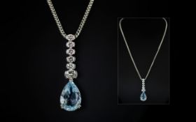 Ladies - Stunning 18ct White Gold Diamond and Blue Topaz Set Pendant Drop. Attached to a 18ct