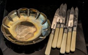 Six Silver Dessert Knives with bone handles, together with a small round silver fluted bon bon dish.