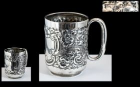 Edwardian Period 1901 - 1910 Excellent Sterling Silver Floral Embossed Christening Cup with Vacant
