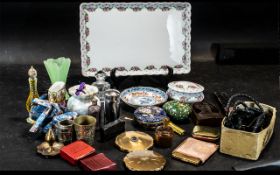 Box of Bric a Brac, comprising a porcelain oblong dressing table tray with matching lidded pot,