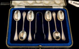 Boxed Set of Six Sterling Silver Teaspoons with Matching Sugar Nips of Good Size.